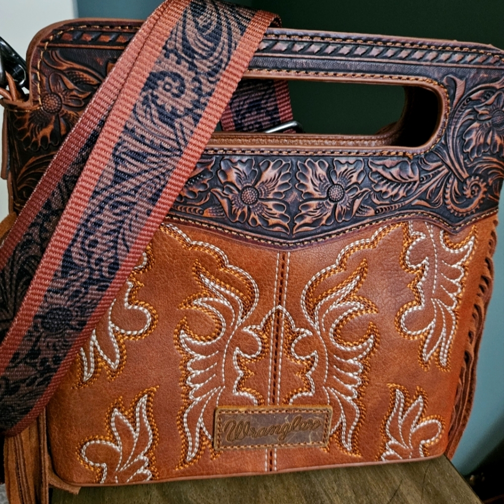 Wrangler Brown Crossbody Bag with Intricate Tooling